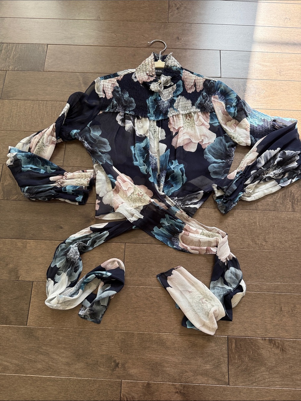 NICHOLAS Black Floral Tie-Front Blouse with Blue and Pink Accents